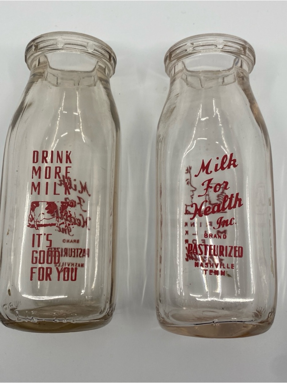 2 vintage half pint glass milk jars Nashville TN drink more milk for health